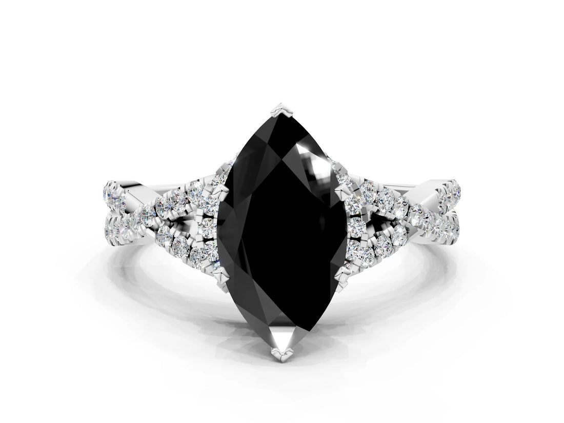 White gold Fancy Black Heart Cut Diamond Halo Twist Band Solitaire Prong Setting Ring