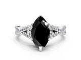 White gold Fancy Black Heart Cut Diamond Halo Twist Band Solitaire Prong Setting Ring