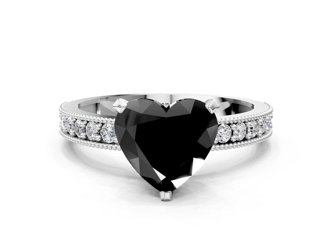 White gold Fancy Black Heart Cut Diamond Milgrain Pavé Engagement Ring with Four-Prong Setting