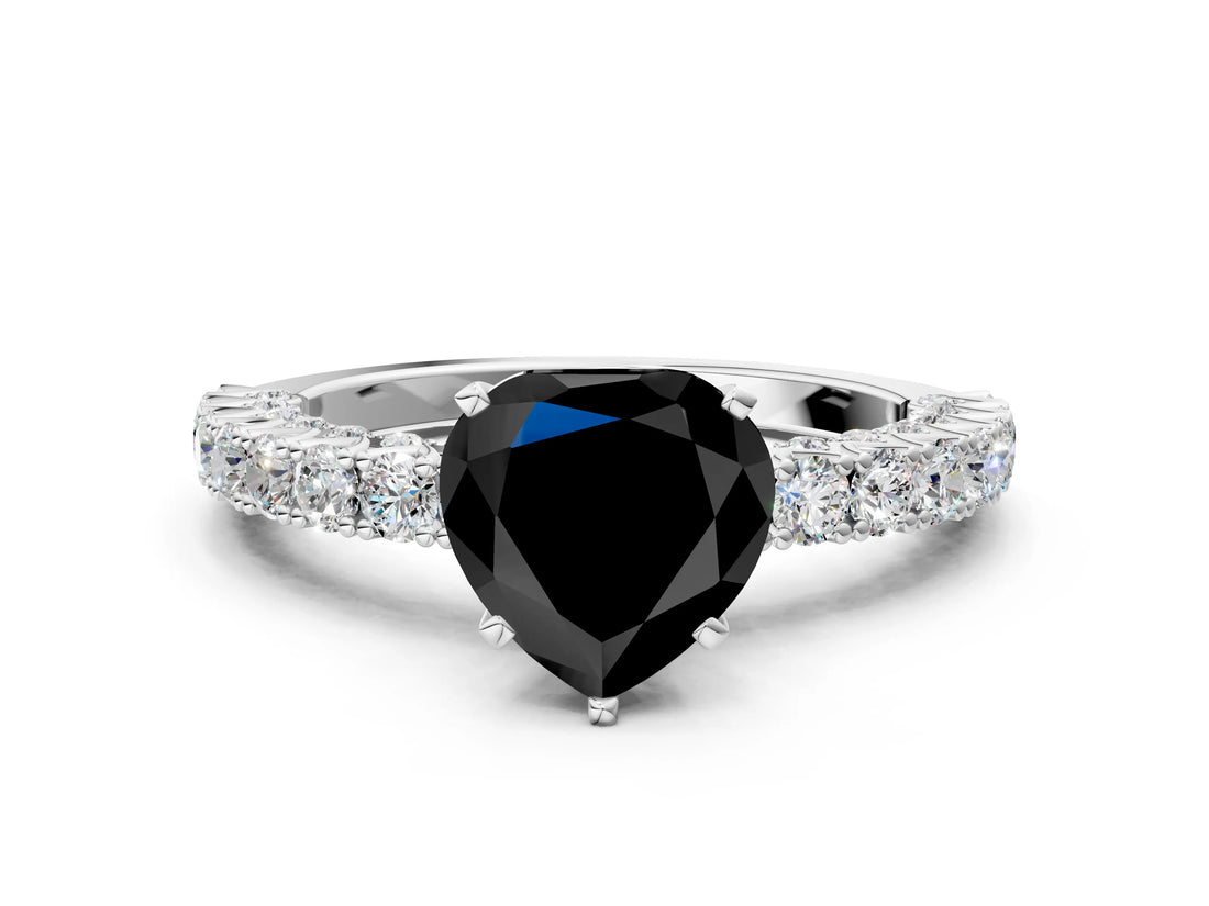 White gold Fancy Black Heart Cut Diamond Pavé Band Solitaire Ring with Prong Setting_24