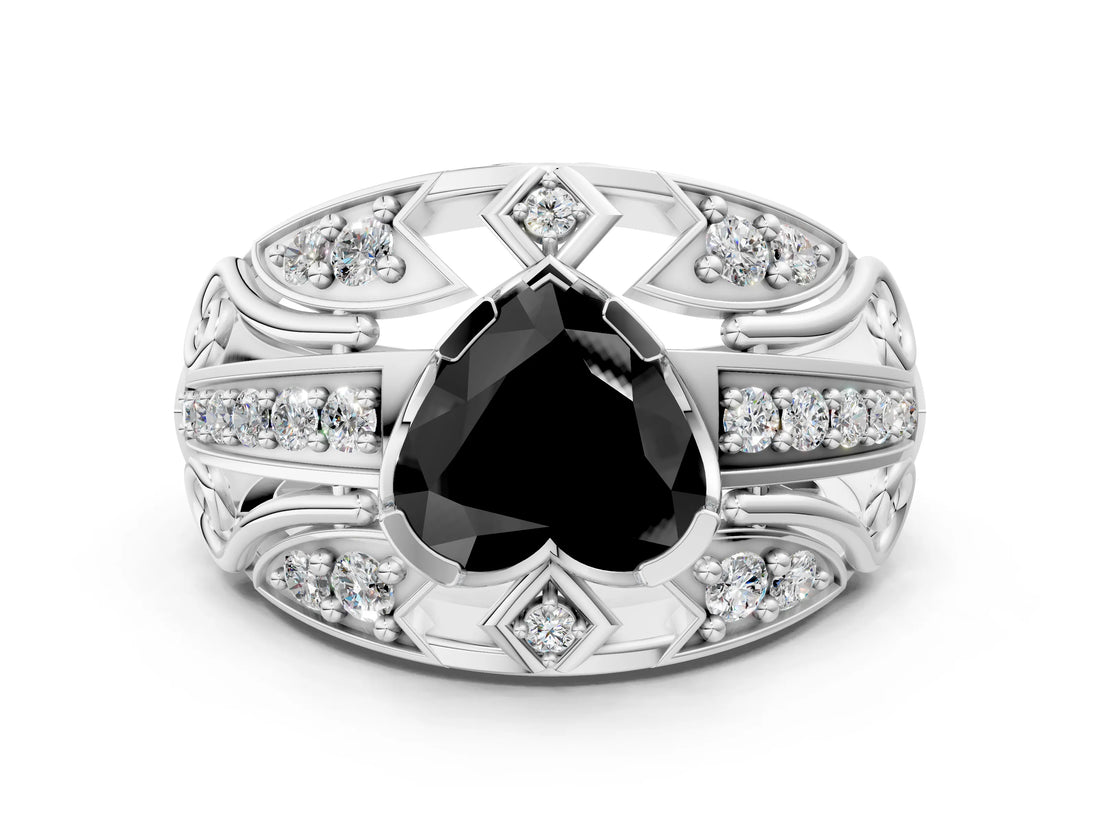 White gold Fancy Black Heart Cut Diamond Pave Art Deco Split Shank Ring with Four-Prong Setting