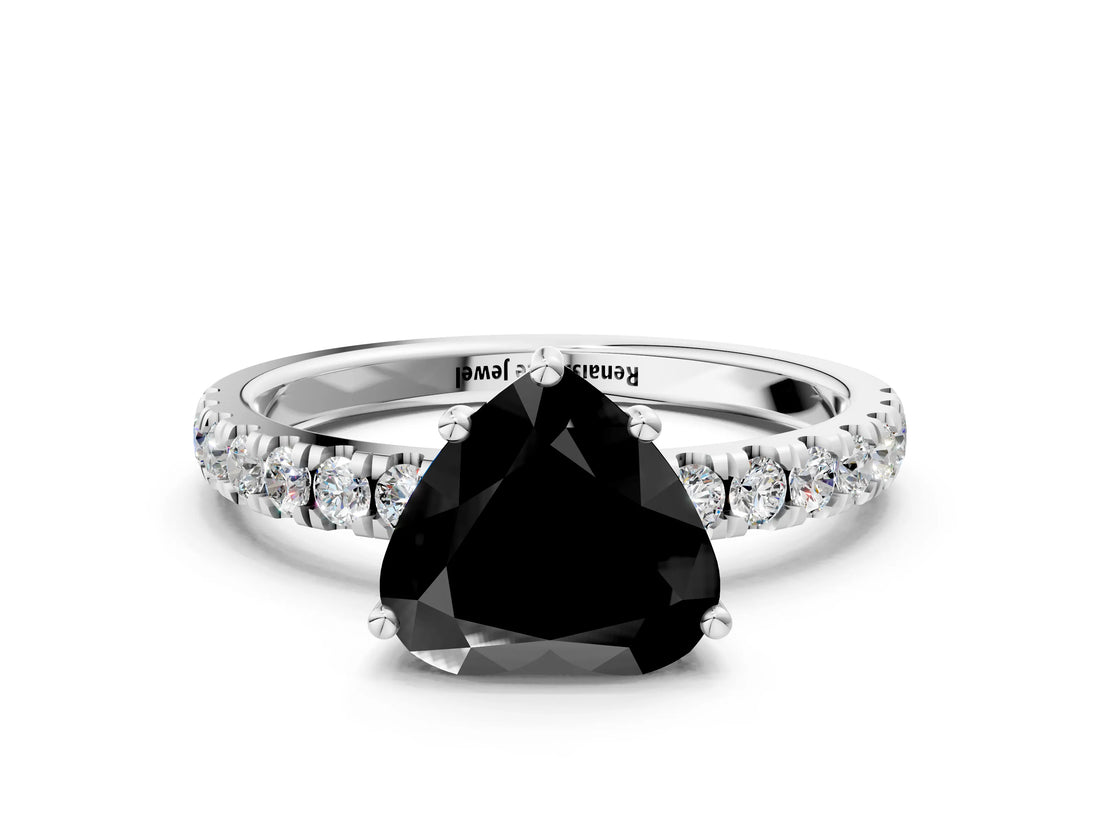 White gold Fancy Black Heart Cut Diamond Pave Band Solitaire Ring with Round  and Prong Setting_72