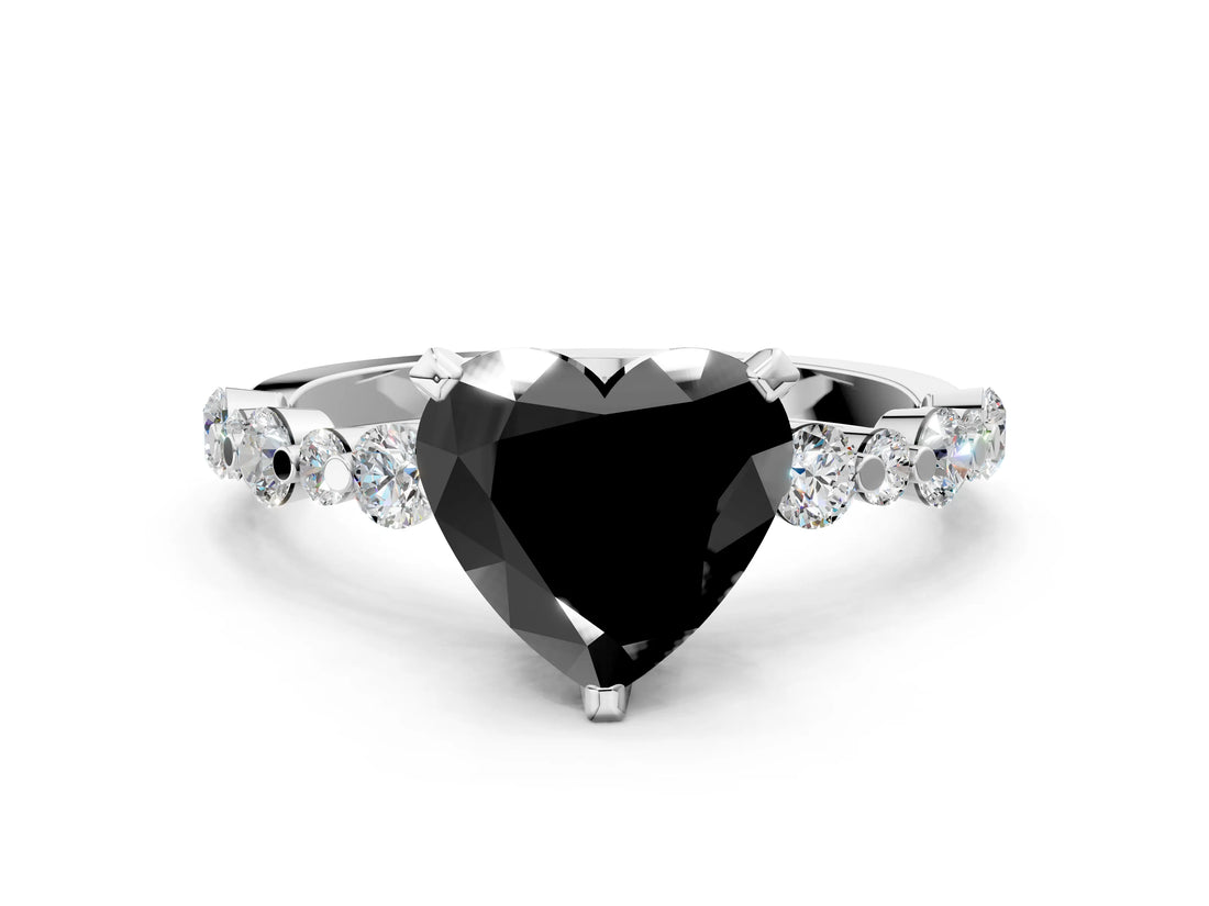 White gold Fancy Black Heart Cut Diamond Prong Set Engagement Ring with Pave Band