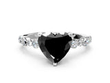 White gold Fancy Black Heart Cut Diamond Prong Set Engagement Ring with Pave Band