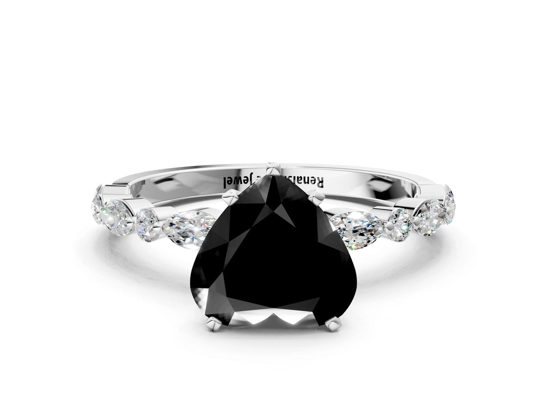 White gold Fancy Black Heart Cut Diamond Ring with Marquise and Round  Side Stones and Four-Prong Setting_48