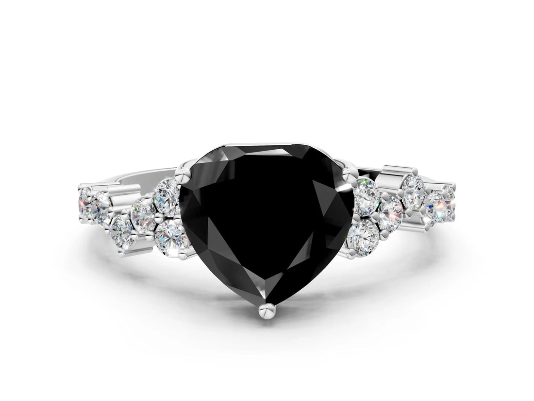 White gold Fancy Black Heart Cut Diamond Scattered Round Accent Ring with Prong Setting_12