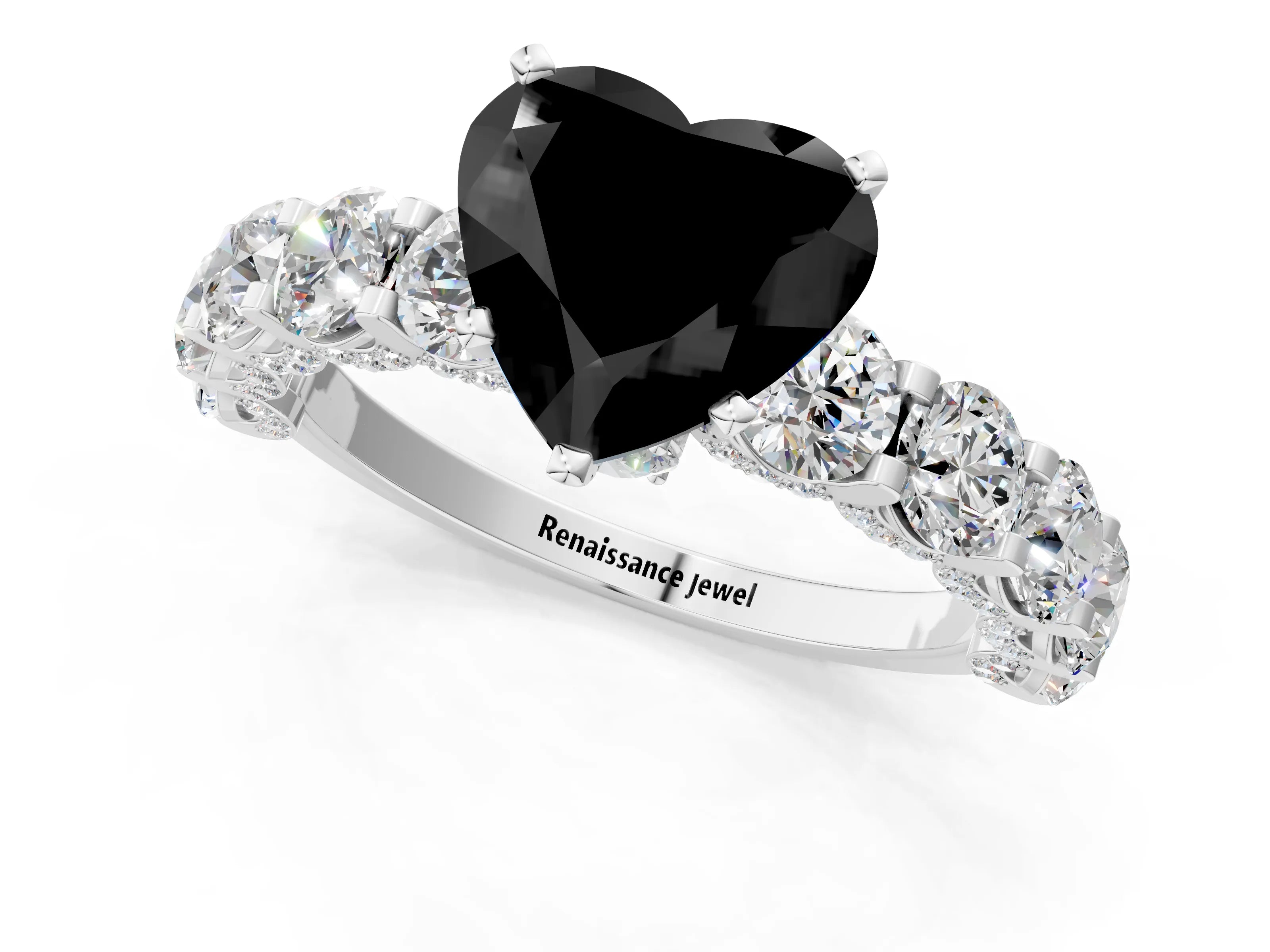 White gold Fancy Black Heart Cut Diamond Side Stone Engagement Ring with Four-Prong Setting_25
