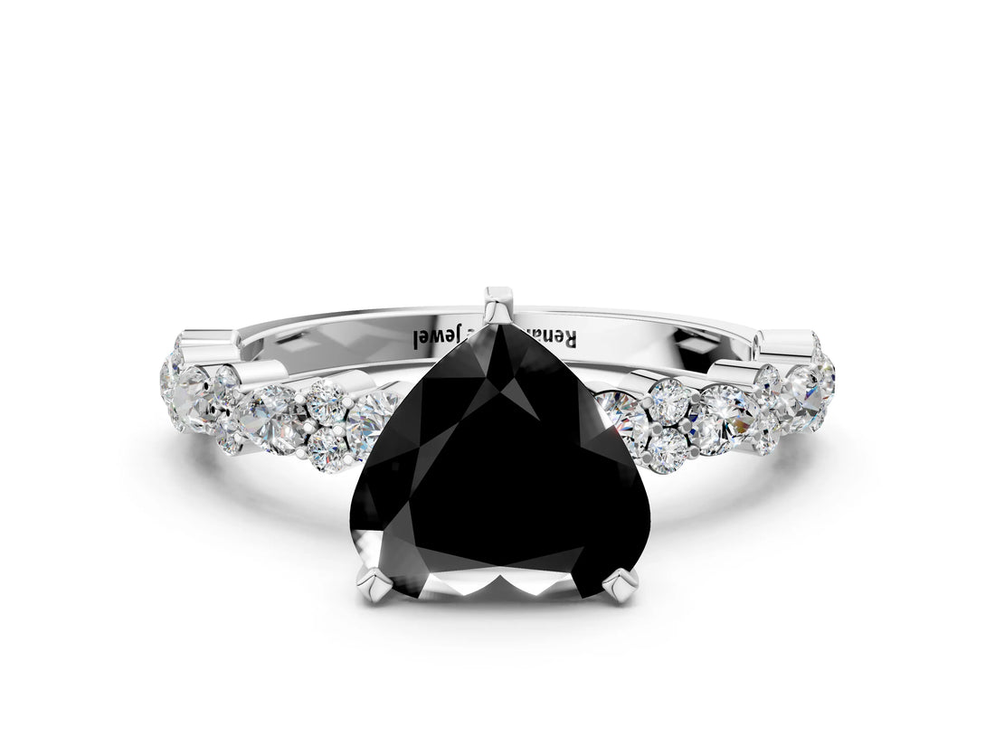 White gold Fancy Black Heart Cut Diamond Side Stone Solitaire Ring with Round  and Four-Prong Setting_12