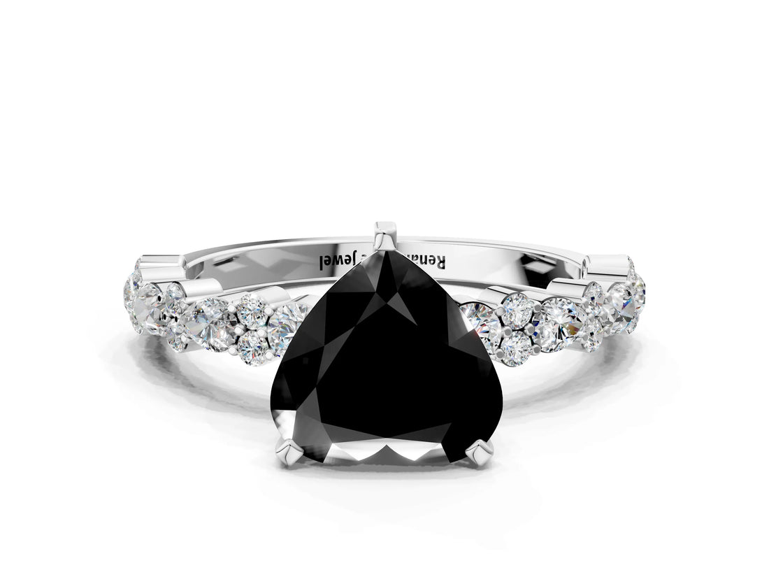 White gold Fancy Black Heart Cut Diamond Side Stone Solitaire Ring with Round  and Four-Prong Setting_48