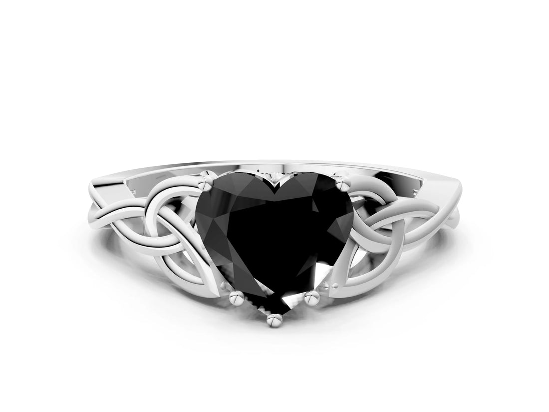 White gold Fancy Black Heart Cut Diamond Solitaire Engagement Ring with Celtic Knot Band and Four-Prong Setting