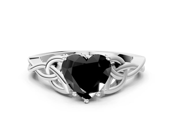 White Gold Heart-Shaped Celtic Knot Solitaire Engagement Ring Setting for Black Center