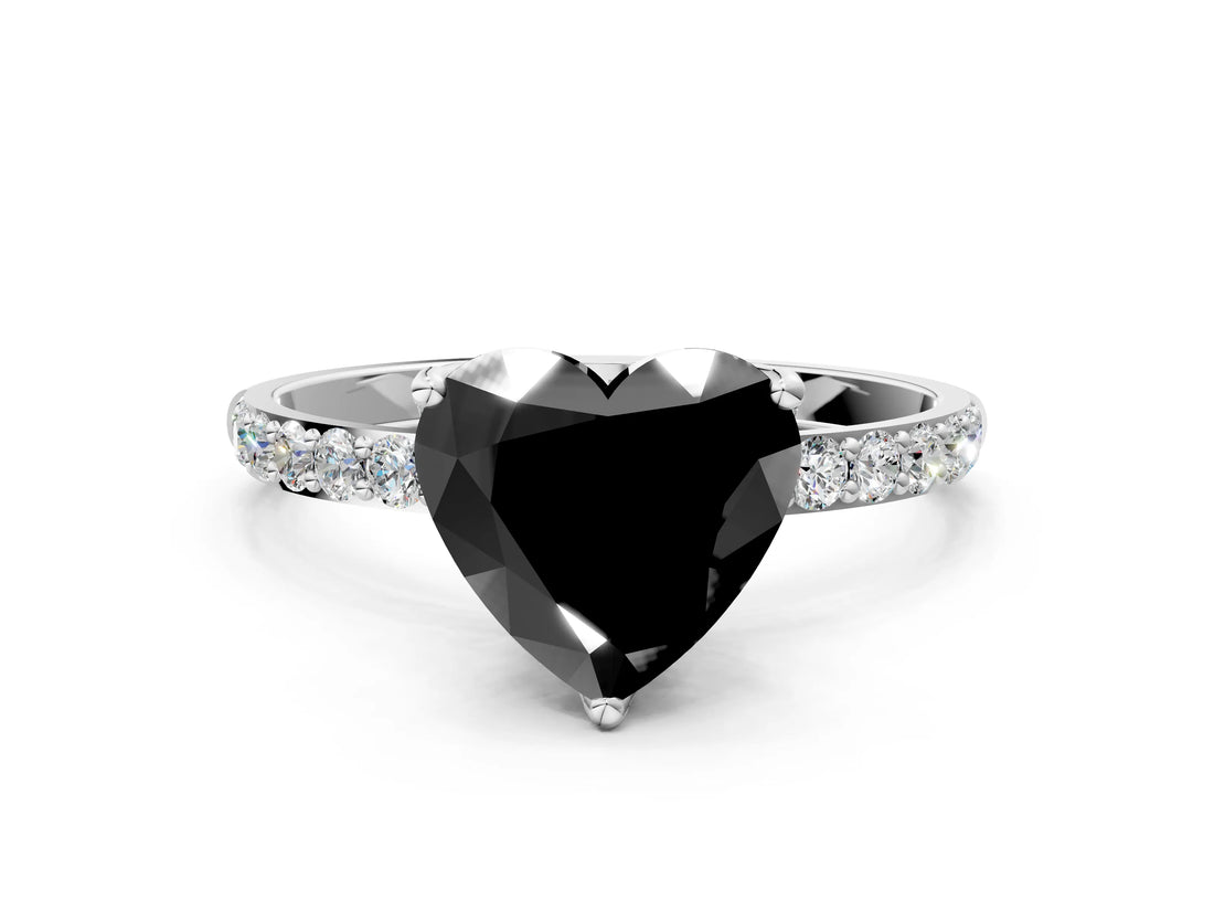 White gold Fancy Black Heart Cut Diamond Solitaire Engagement Ring with Pavé Band and Prong Setting