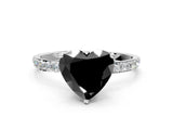 White gold Fancy Black Heart Cut Diamond Solitaire Engagement Ring with Pavé Band and Prong Setting