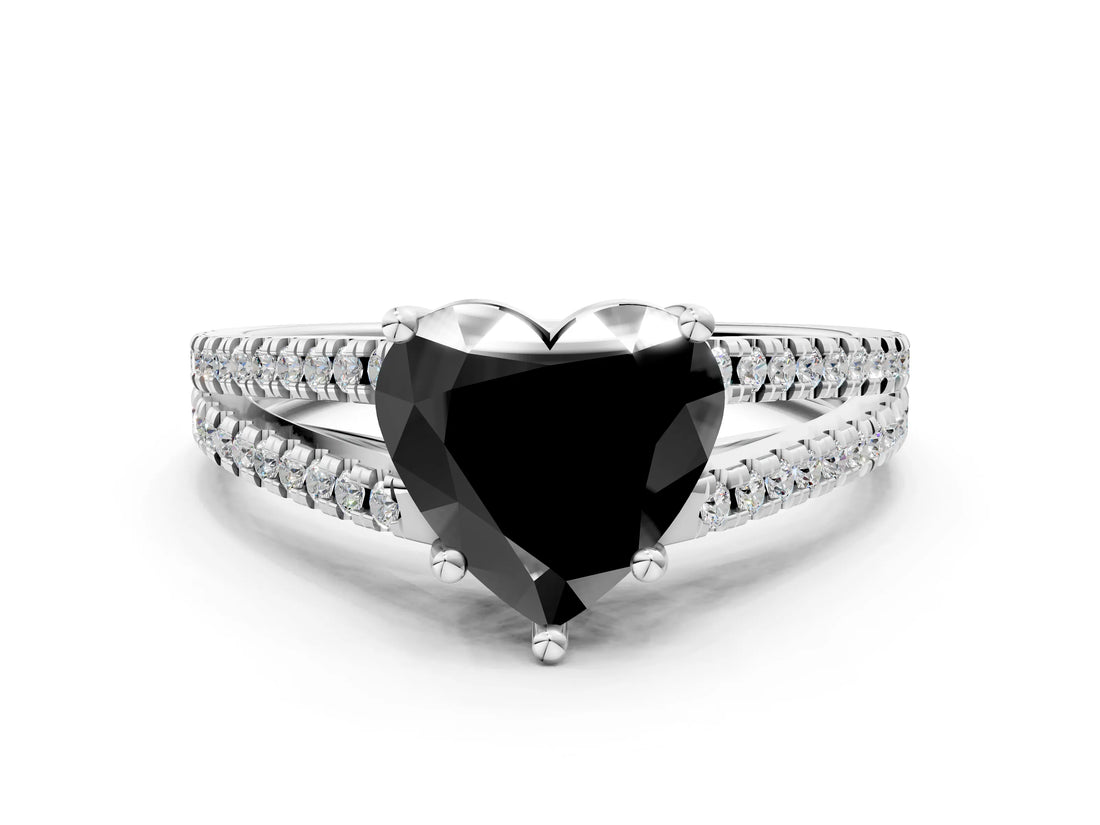 White gold Fancy Black Heart Cut Diamond Solitaire Engagement Ring with Split Shank Pavé Band_12