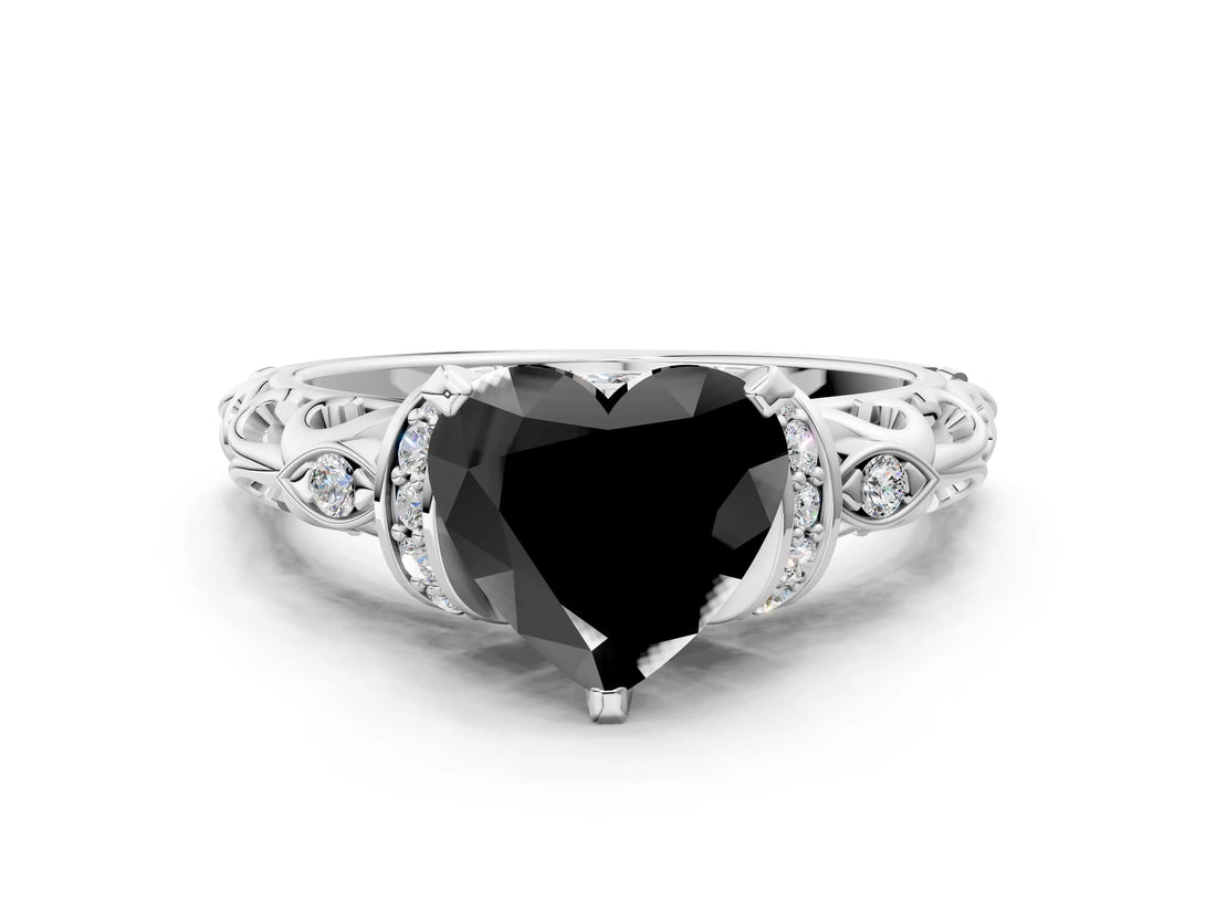 White gold Fancy Black Heart Cut Diamond Solitaire Ring with Filigree Band and Four-Prong Setting_12
