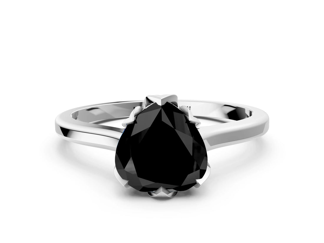 White gold Fancy Black Heart Cut Diamond Solitaire Ring with Flower Prong Setting and Classic Band_78