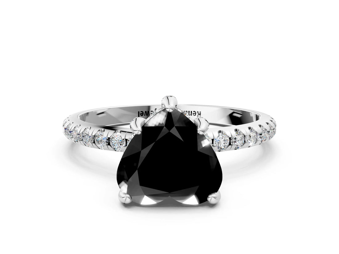 White gold Fancy Black Heart Cut Diamond Solitaire Ring with Four-Prong Setting and Pavé Band_3