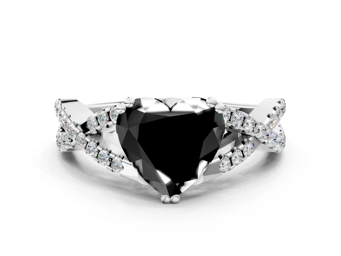White gold Fancy Black Heart Cut Diamond Solitaire Ring with Four-Prong Setting and Twisted Pavé Band