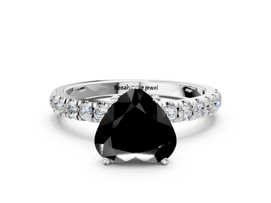 White gold Fancy Black Heart Cut Diamond Solitaire Ring with Pavé Accents and Four-Prong Setting