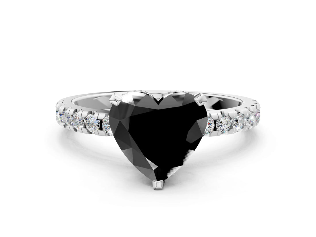 White gold Fancy Black Heart Cut Diamond Solitaire Ring with Pavé Band and Four-Prong Setting_12