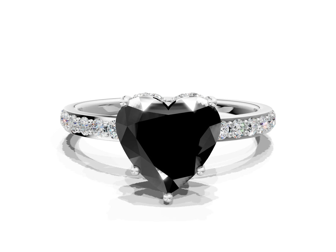 White gold Fancy Black Heart Cut Diamond Solitaire Ring with Pavé Band and Hidden Halo_72