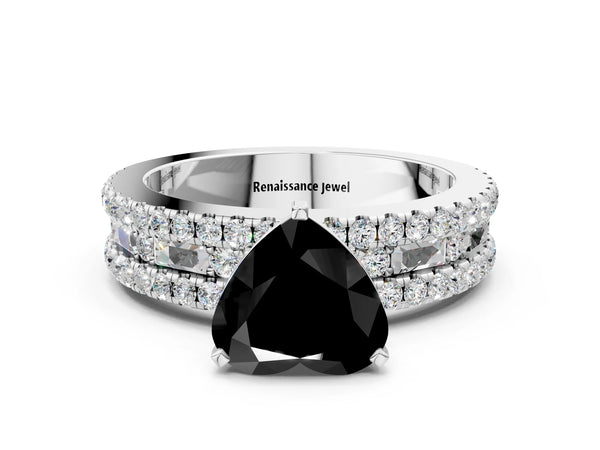 Platinum Heart-Shaped Pave and Baguette Engagement Ring Setting for Black Center