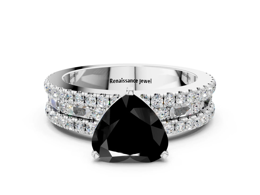 White gold Fancy Black Heart Cut Diamond Solitaire Ring with Pavé and Channel Set Band