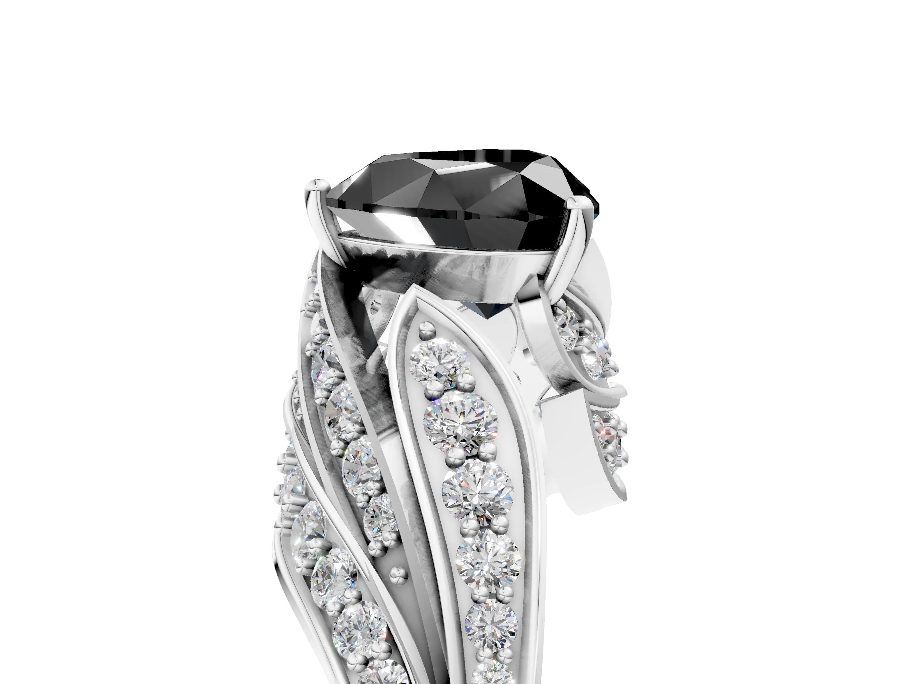 White gold Fancy Black Heart Cut Diamond Solitaire Ring with Prong Setting and Twisted Pavé Band_17