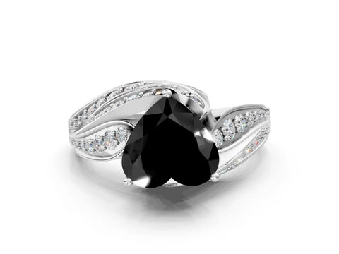 White gold Fancy Black Heart Cut Diamond Solitaire Ring with Prong Setting and Twisted Pavé Band_24