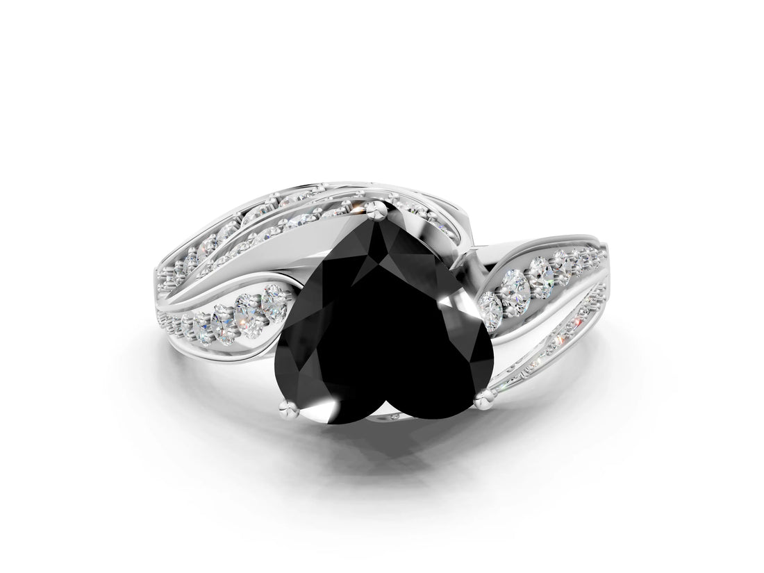 White gold Fancy Black Heart Cut Diamond Solitaire Ring with Prong Setting and Twisted Pavé Band_24