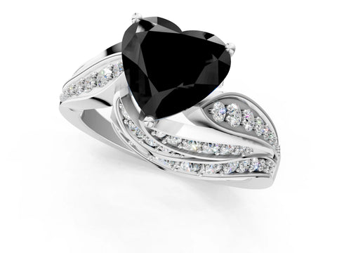 White gold Fancy Black Heart Cut Diamond Solitaire Ring with Prong Setting and Twisted Pavé Band_25