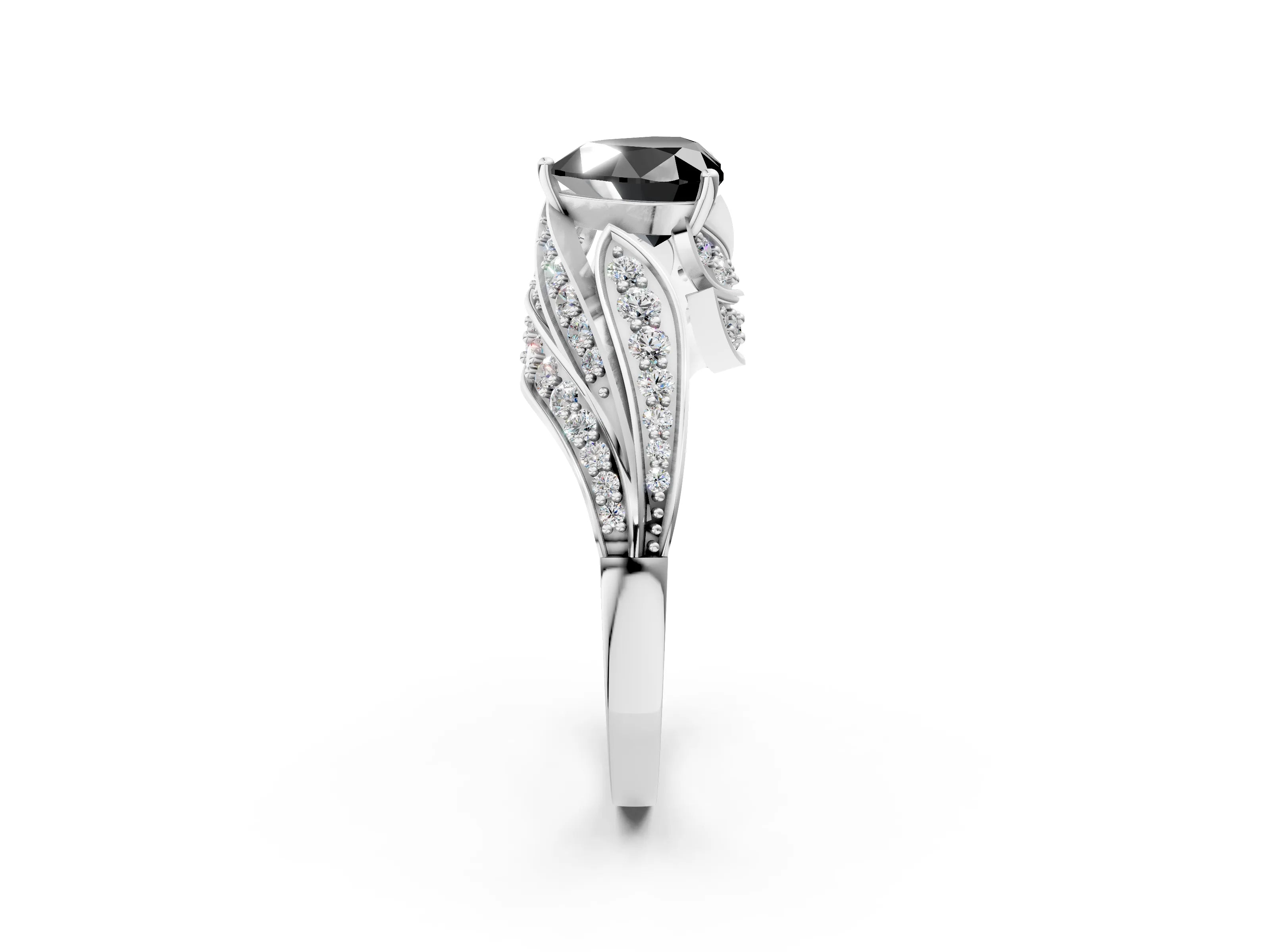 White gold Fancy Black Heart Cut Diamond Solitaire Ring with Prong Setting and Twisted Pavé Band_26