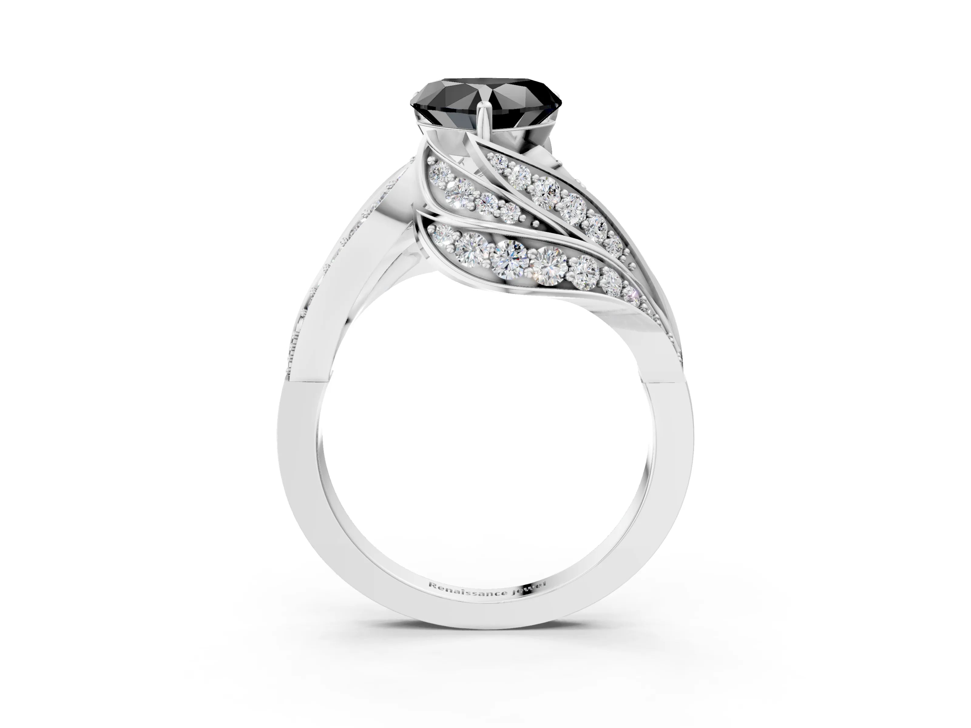 White gold Fancy Black Heart Cut Diamond Solitaire Ring with Prong Setting and Twisted Pavé Band_27