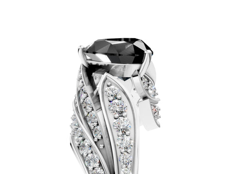 White gold Fancy Black Heart Cut Diamond Solitaire Ring with Prong Setting and Twisted Pavé Band_29