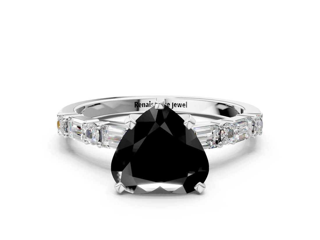 White gold Fancy Black Heart Cut Diamond Solitaire with Side Baguettes and Channel Set Band