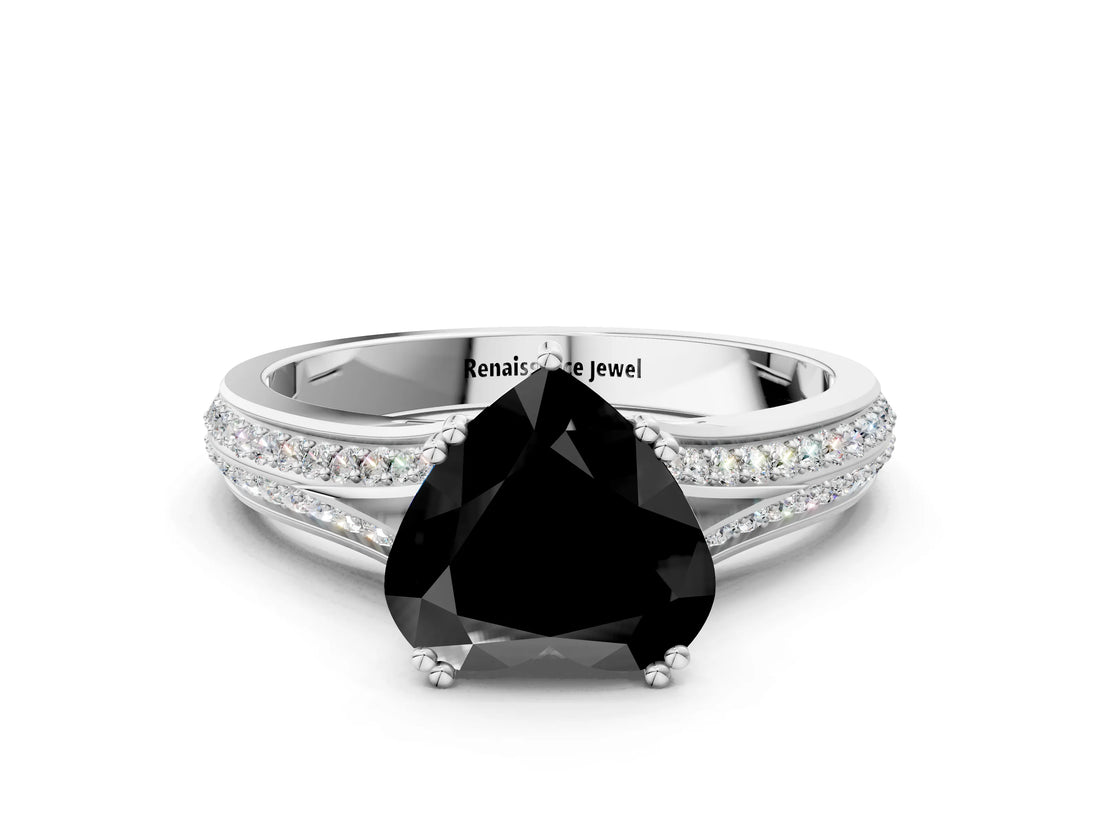 White gold Fancy Black Heart Cut Diamond Split Shank Engagement Ring with Pavé Band