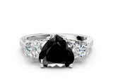 White gold Fancy Black Heart Cut Diamond Three-Stone Engagement Ring with Prong Setting and Pavé Band