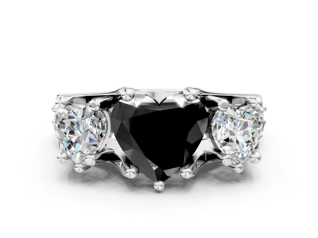 White gold Fancy Black Heart Cut Diamond Three-Stone Ring with Channel Set Band and Four-Prong Setting_24