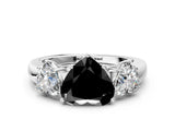 White gold Fancy Black Heart Cut Diamond Three-Stone Ring with Four-Prong Setting and Classic Band