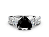 White gold Fancy Black Heart Cut Diamond Three-Stone Ring with Pavé Split Shank and Four-Prong Setting