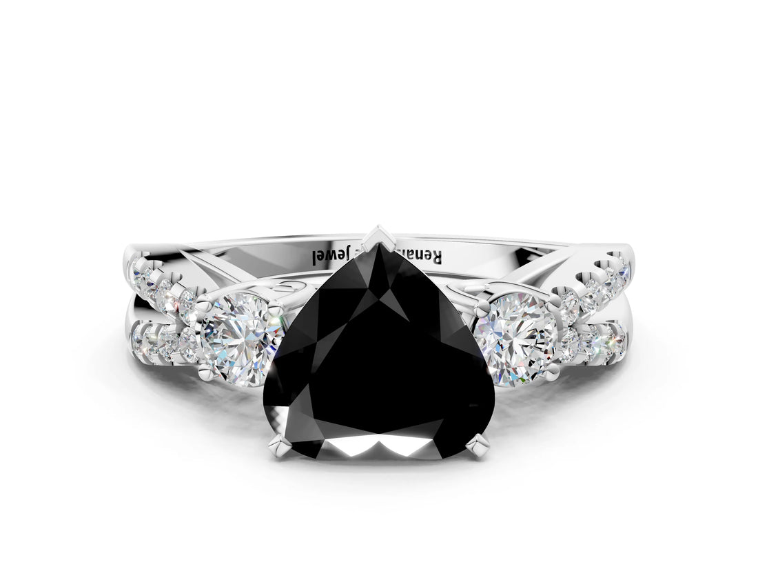 White gold Fancy Black Heart Cut Diamond Three-Stone Ring with Pavé Split Shank and Four-Prong Setting