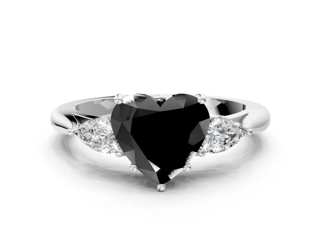 White gold Fancy Black Heart Cut Diamond Three-Stone Ring with Pear  Side Stones and Prong Setting_84