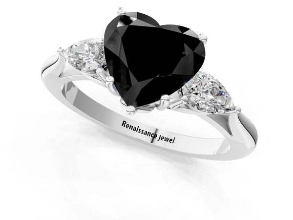 Platinum Heart-Shaped Three Stone Pear Side Engagement Ring Setting for Black Center