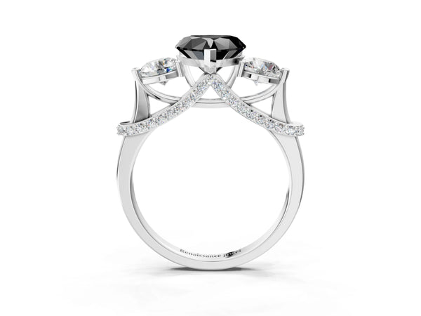 White Gold Heart-Shaped Curved Pave Three Stone Engagement Ring Setting for Black Center
