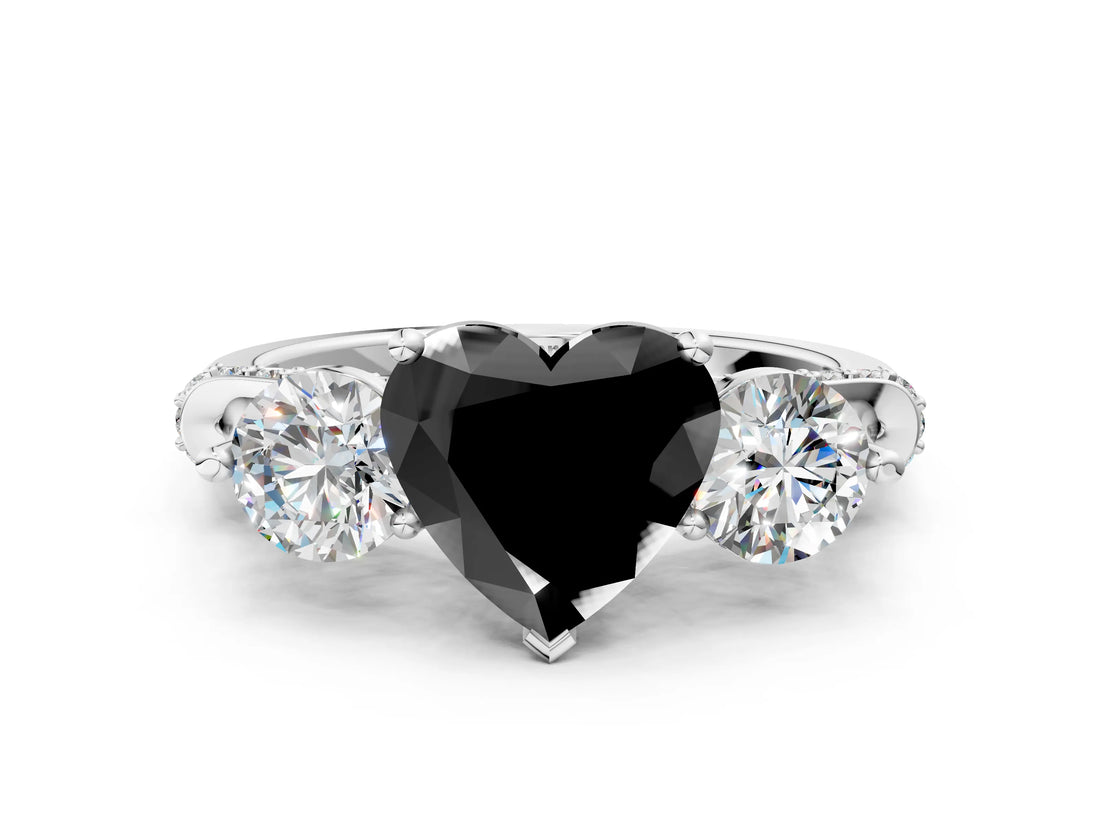 White gold Fancy Black Heart Cut Diamond Three-Stone Ring with Prong Setting and Pavé Band