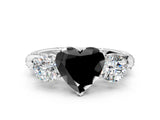 White gold Fancy Black Heart Cut Diamond Three-Stone Ring with Prong Setting and Pavé Band