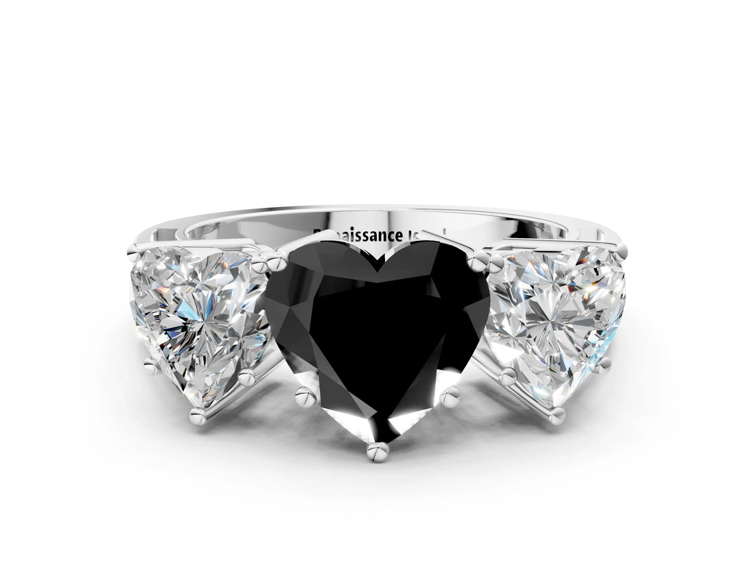 White gold Fancy Black Heart Cut Diamond Three-Stone Ring with Prong Setting and Textured Band_12