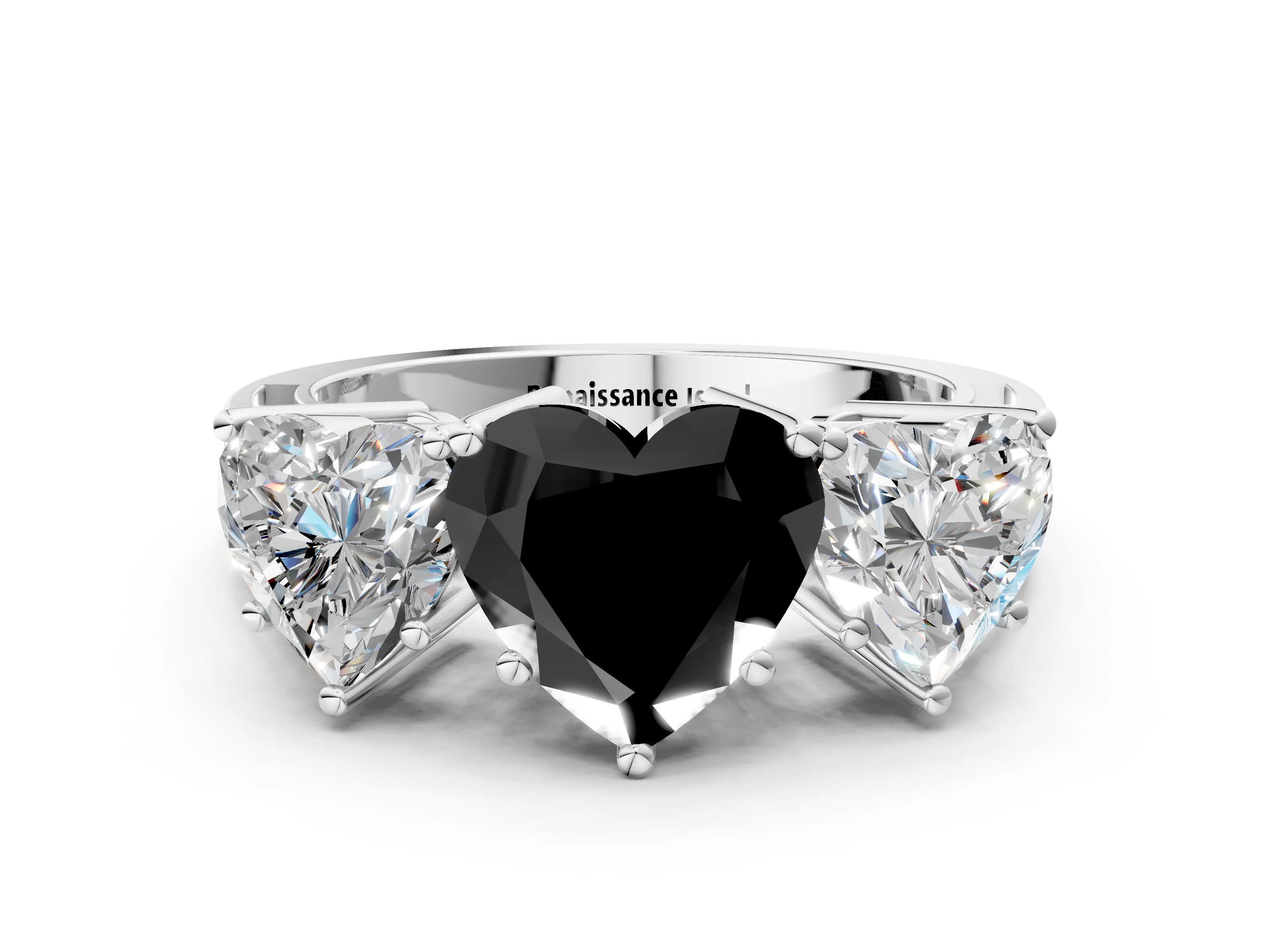 White gold Fancy Black Heart Cut Diamond Three-Stone Ring with Prong Setting and Textured Band_12
