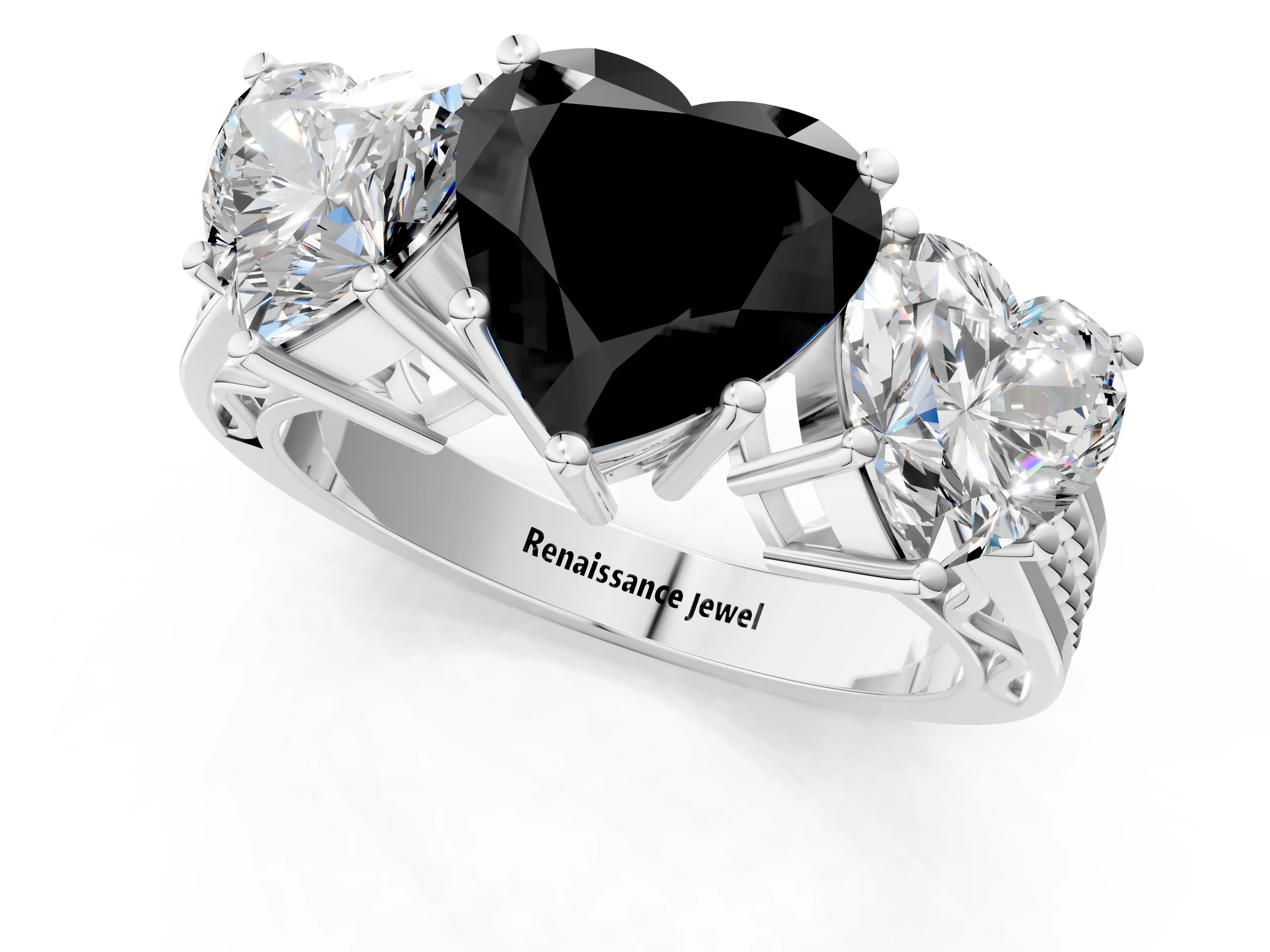 White gold Fancy Black Heart Cut Diamond Three-Stone Ring with Prong Setting and Textured Band_13