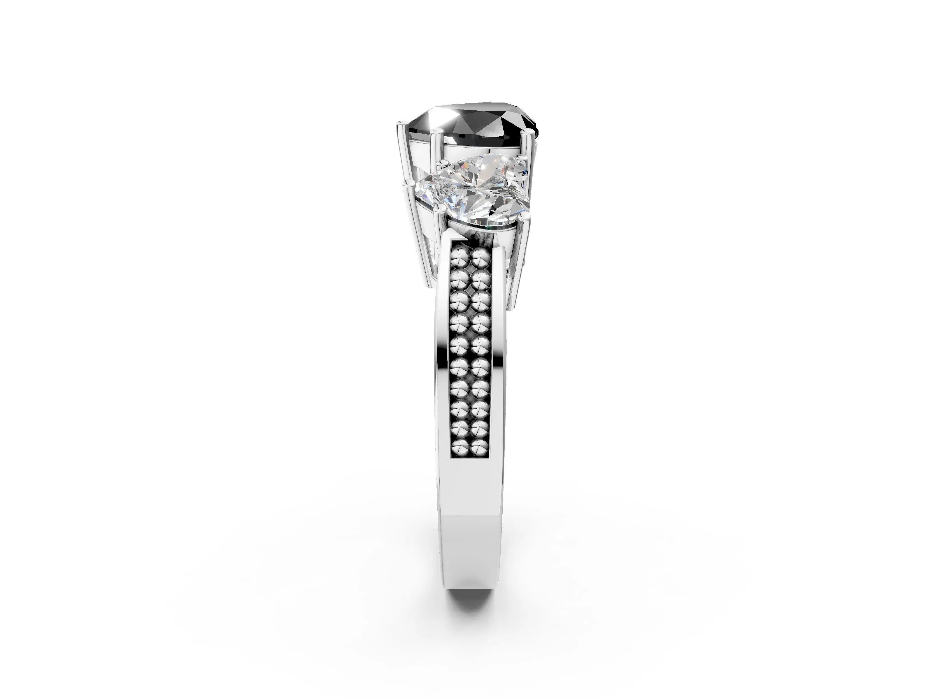 White gold Fancy Black Heart Cut Diamond Three-Stone Ring with Prong Setting and Textured Band_14